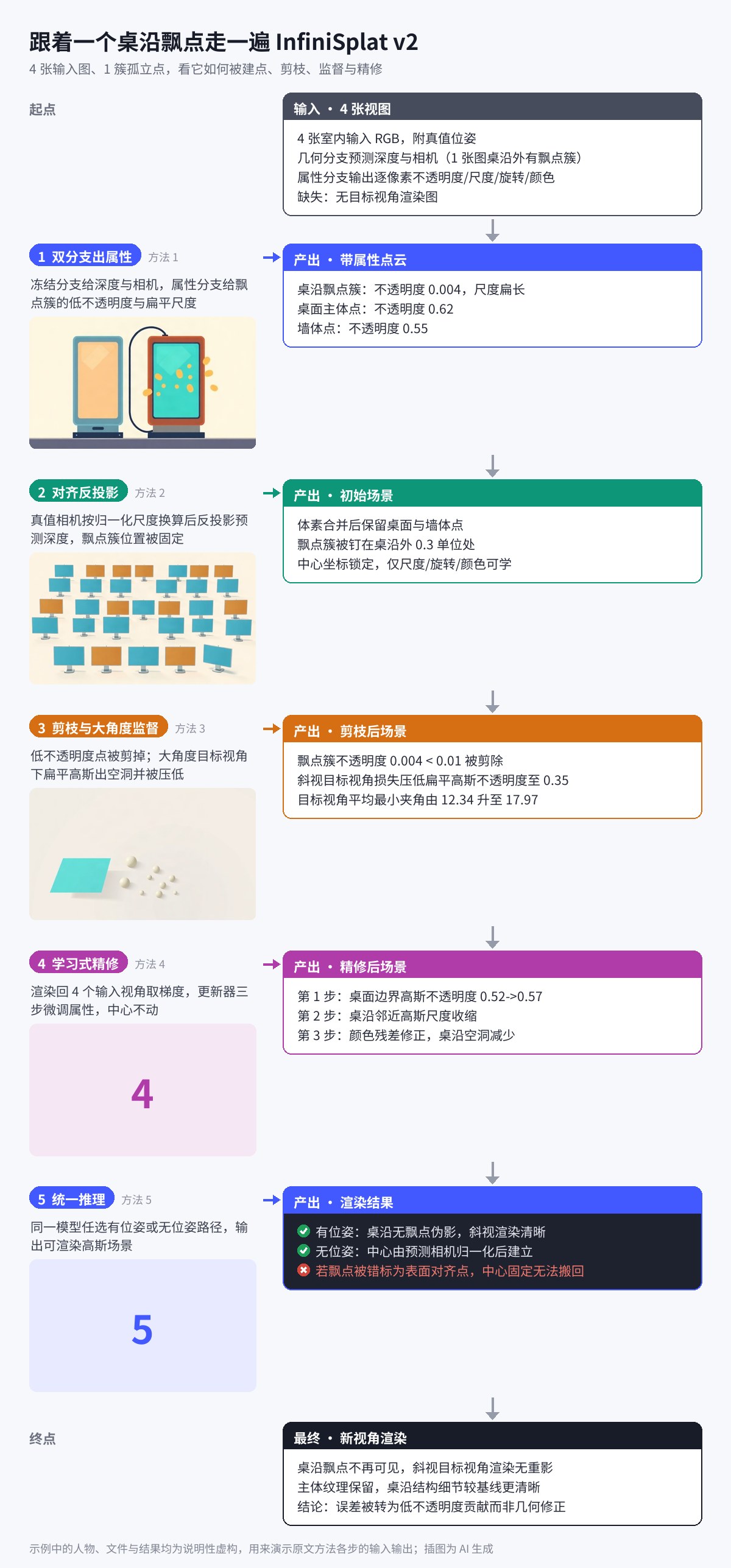 4 张输入图、1 簇孤立点,看它如何被建点、剪枝、监督与精修